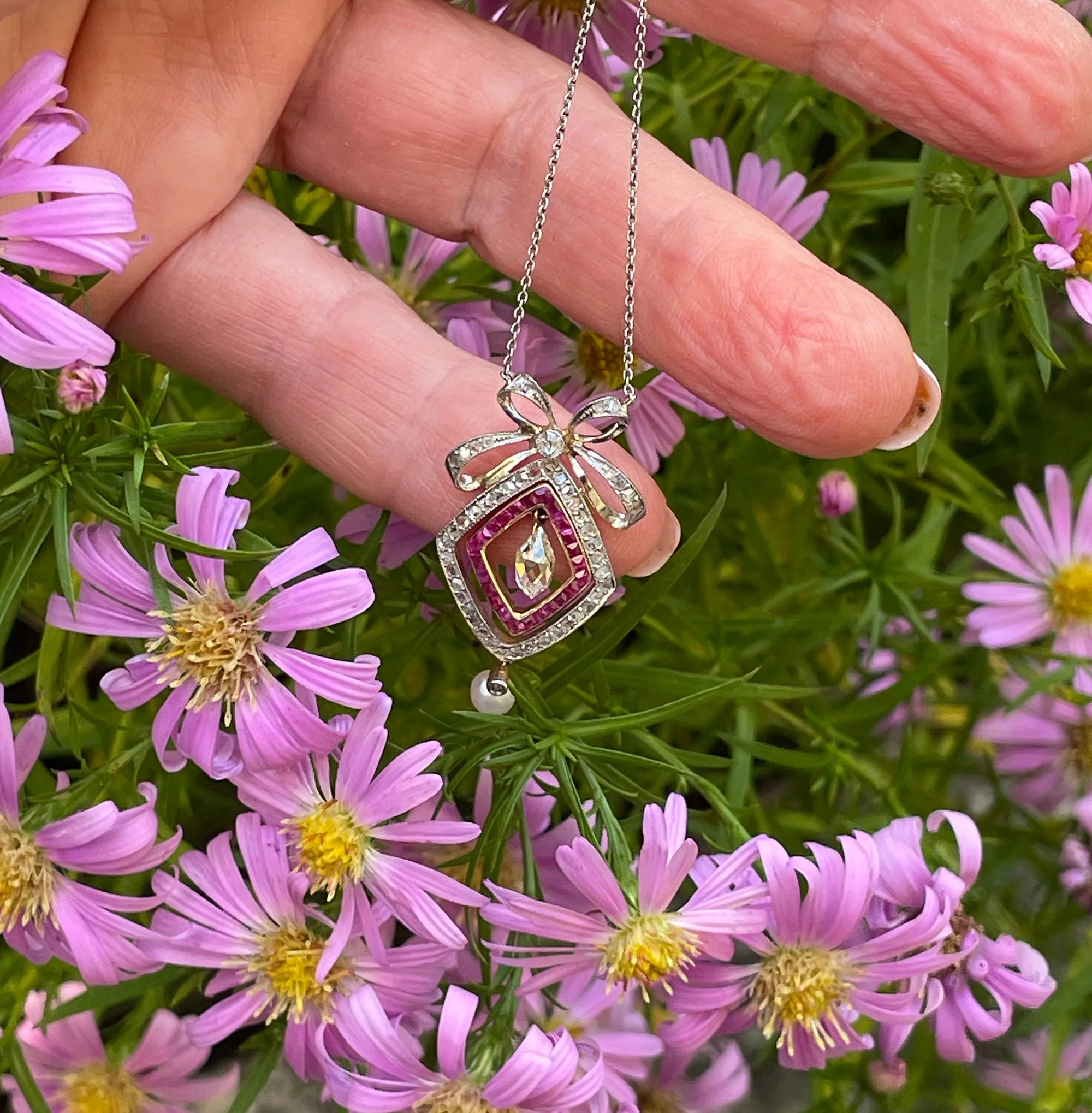 Fine GIA Natural Saltwater Pearl Ruby & Diamond Antique Edwardian Belle poque Bow LAVALIRE Platinum Gold Necklace