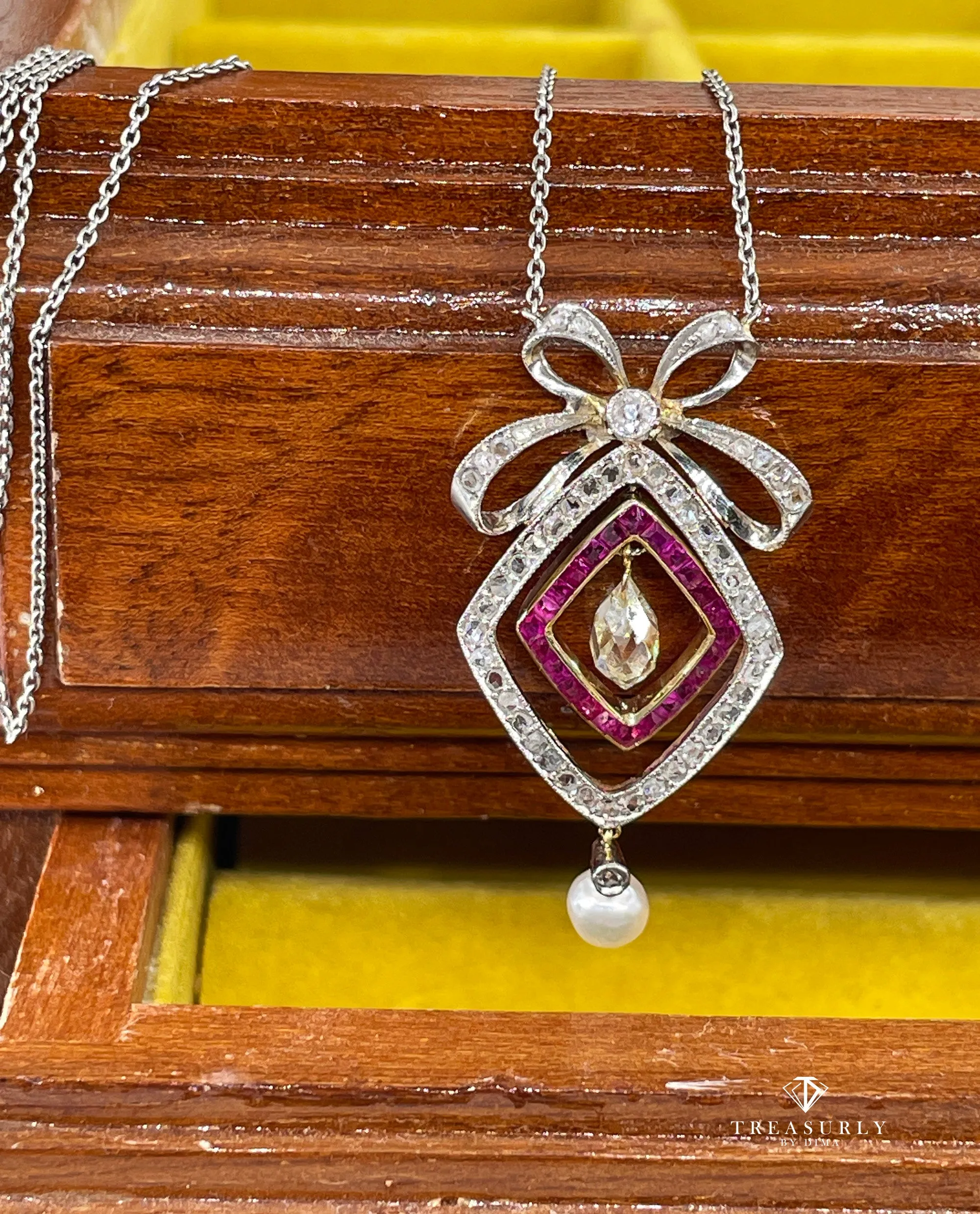 Fine GIA Natural Saltwater Pearl Ruby & Diamond Antique Edwardian Belle poque Bow LAVALIRE Platinum Gold Necklace