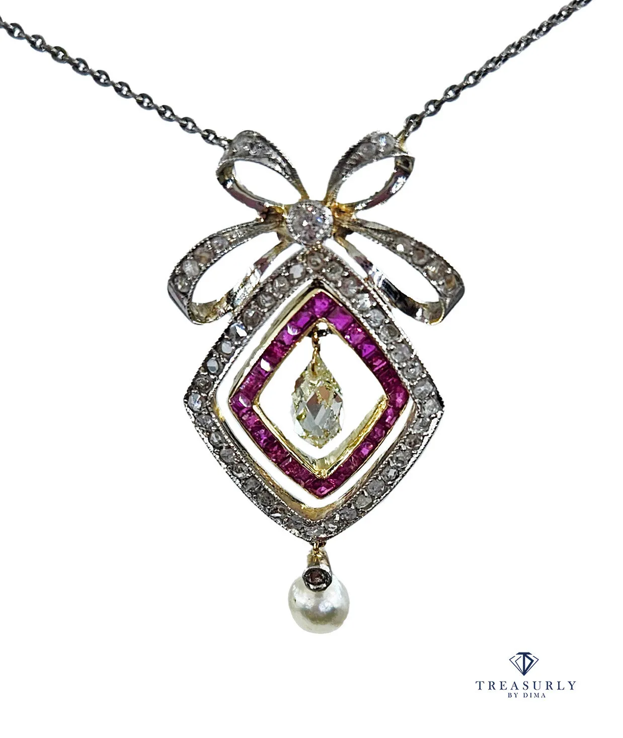 Fine GIA Natural Saltwater Pearl Ruby & Diamond Antique Edwardian Belle poque Bow LAVALIRE Platinum Gold Necklace