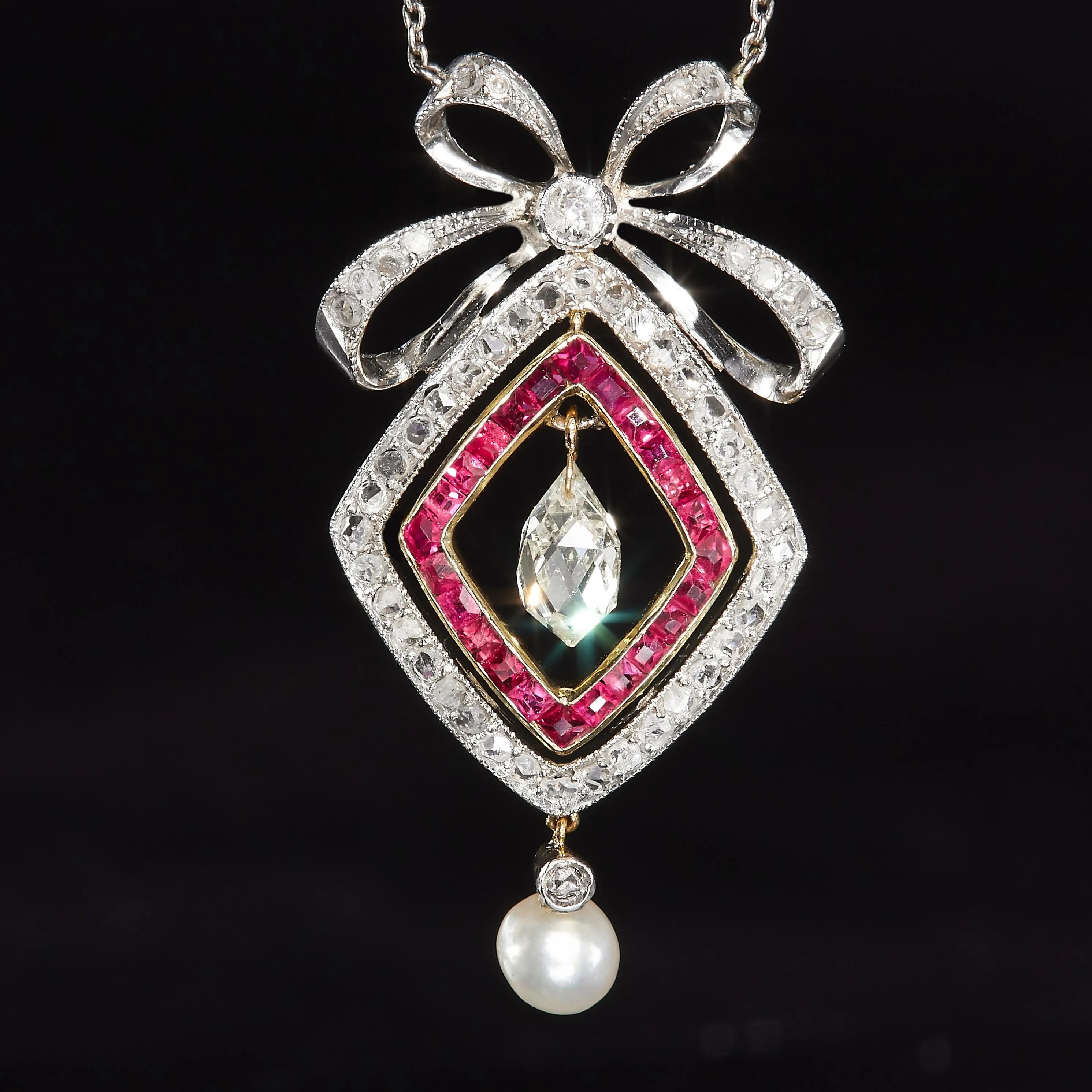 Fine GIA Natural Saltwater Pearl Ruby & Diamond Antique Edwardian Belle poque Bow LAVALIRE Platinum Gold Necklace