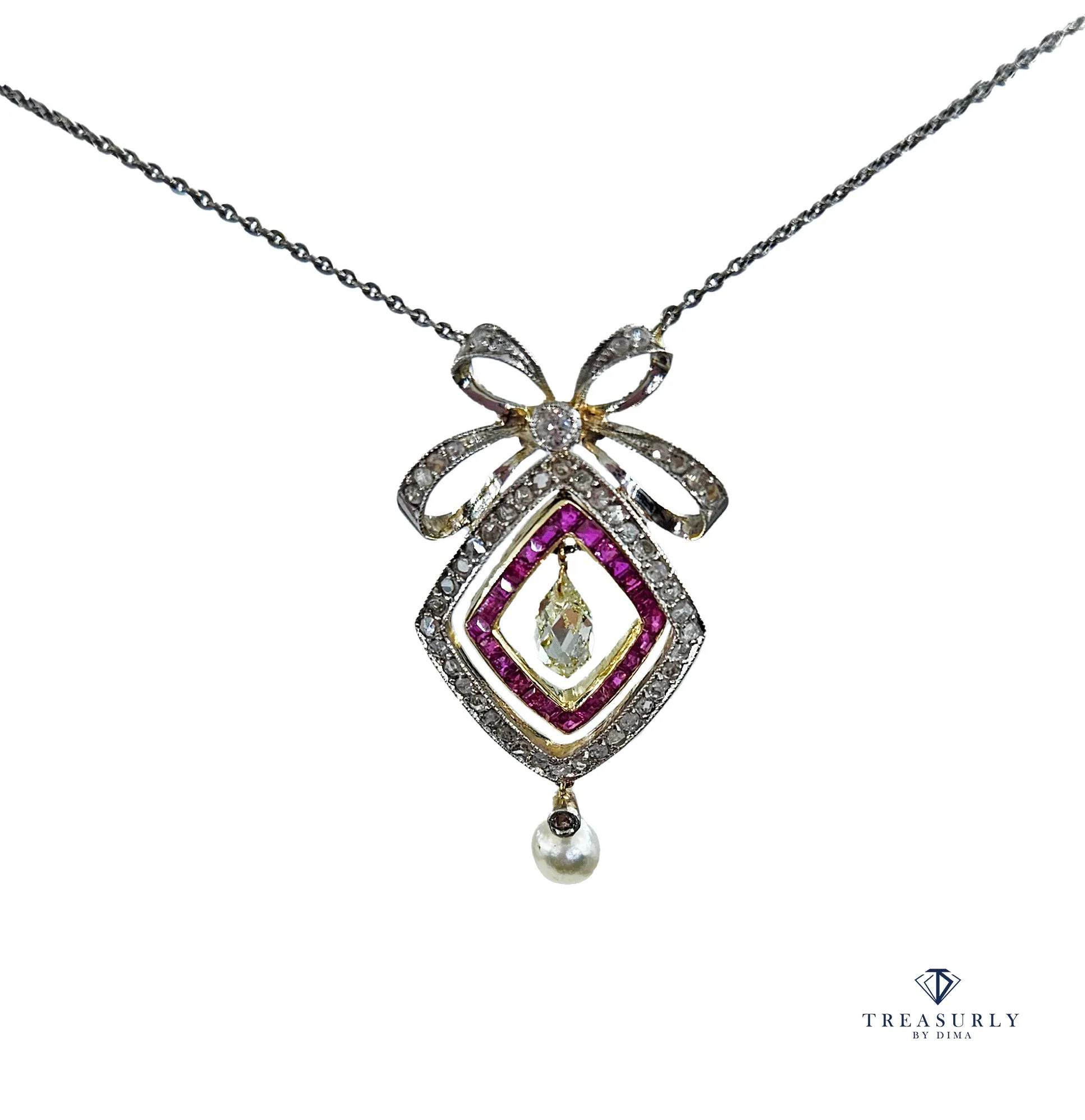 Fine GIA Natural Saltwater Pearl Ruby & Diamond Antique Edwardian Belle poque Bow LAVALIRE Platinum Gold Necklace