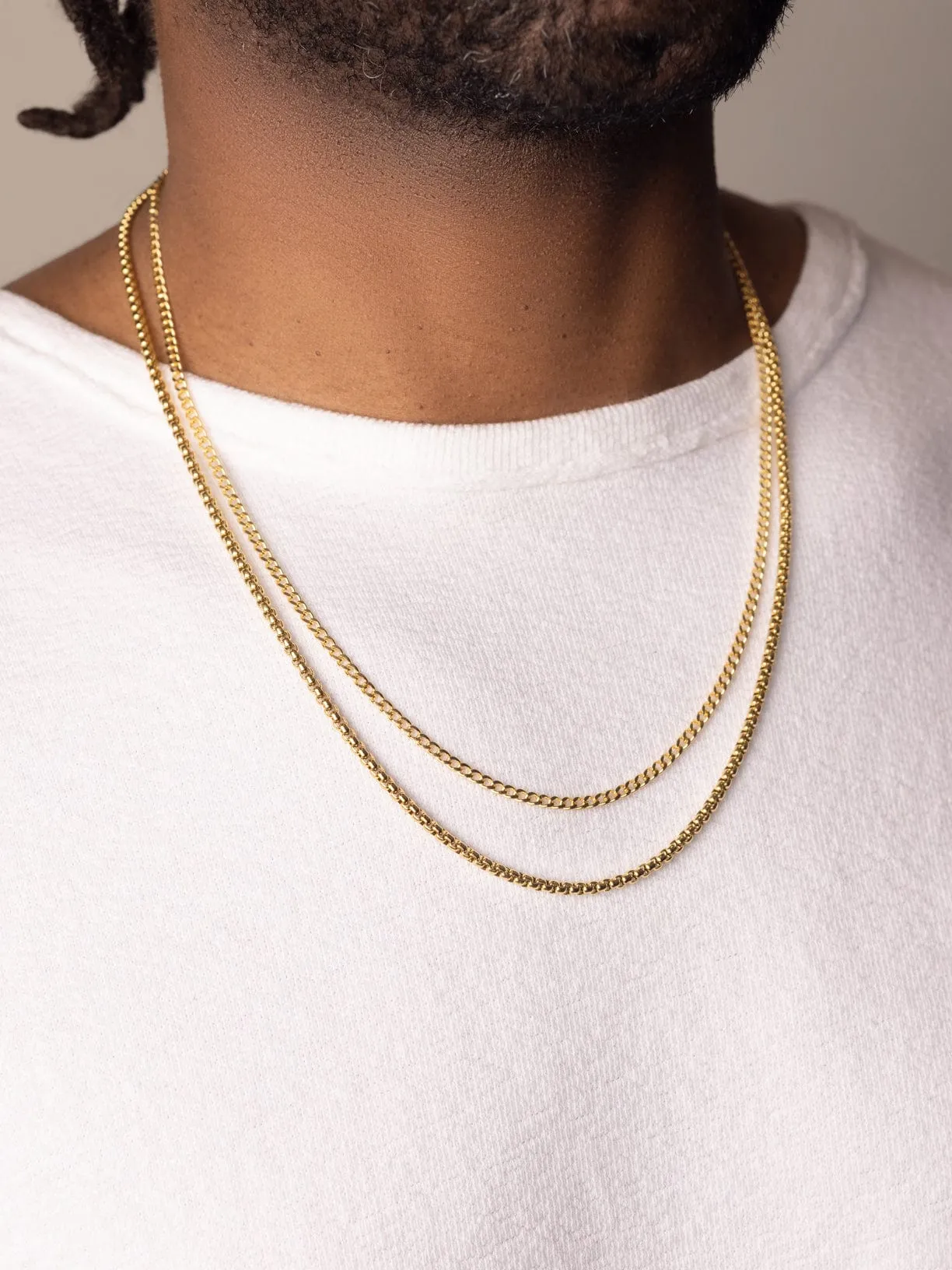 Gold Necklace Layer with 3mm Cuban Link Chain and 3mm Box Chain