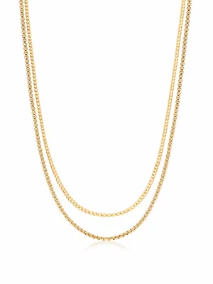 Gold Necklace Layer with 3mm Cuban Link Chain and 3mm Box Chain