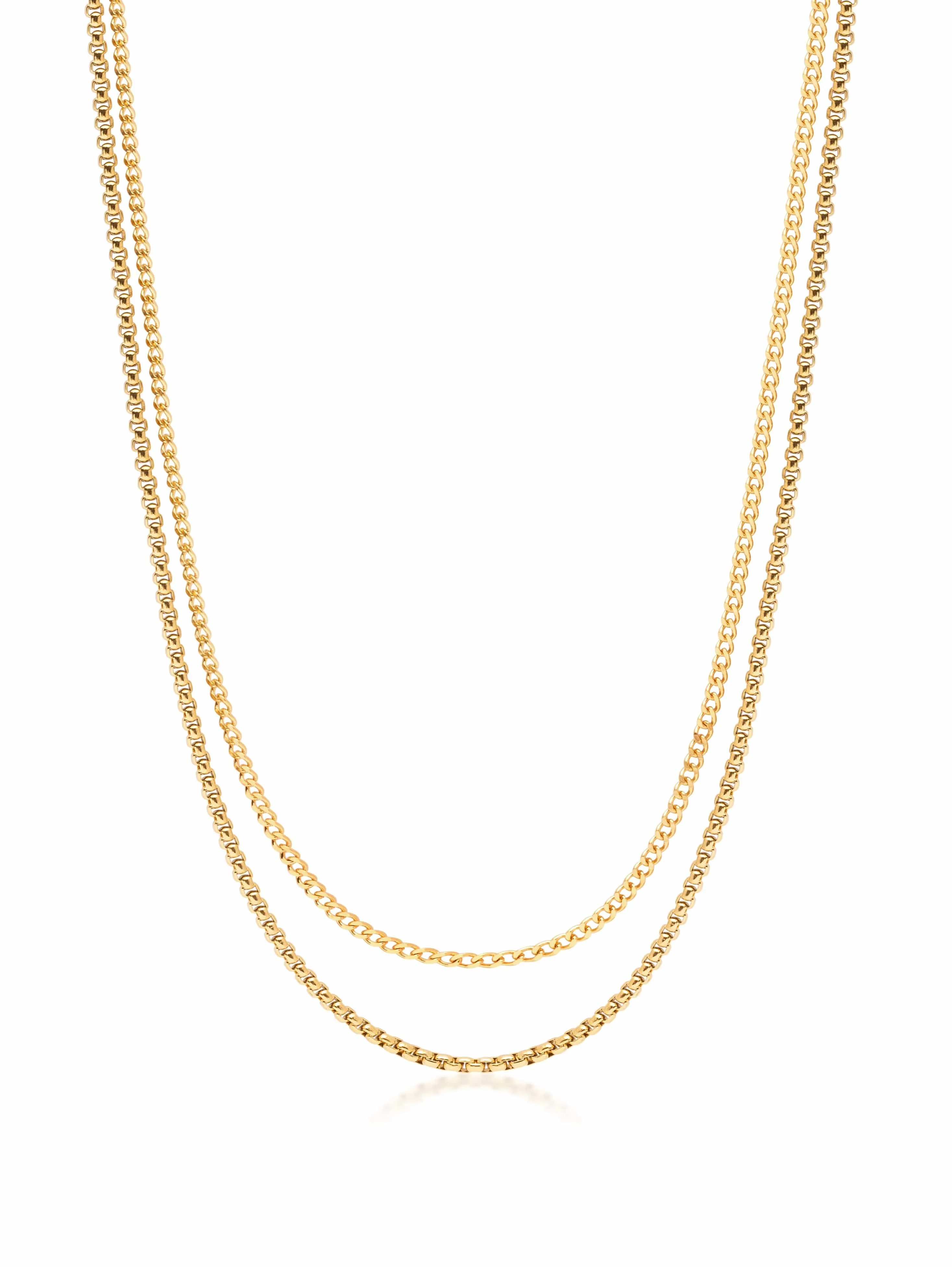 Gold Necklace Layer with 3mm Cuban Link Chain and 3mm Box Chain