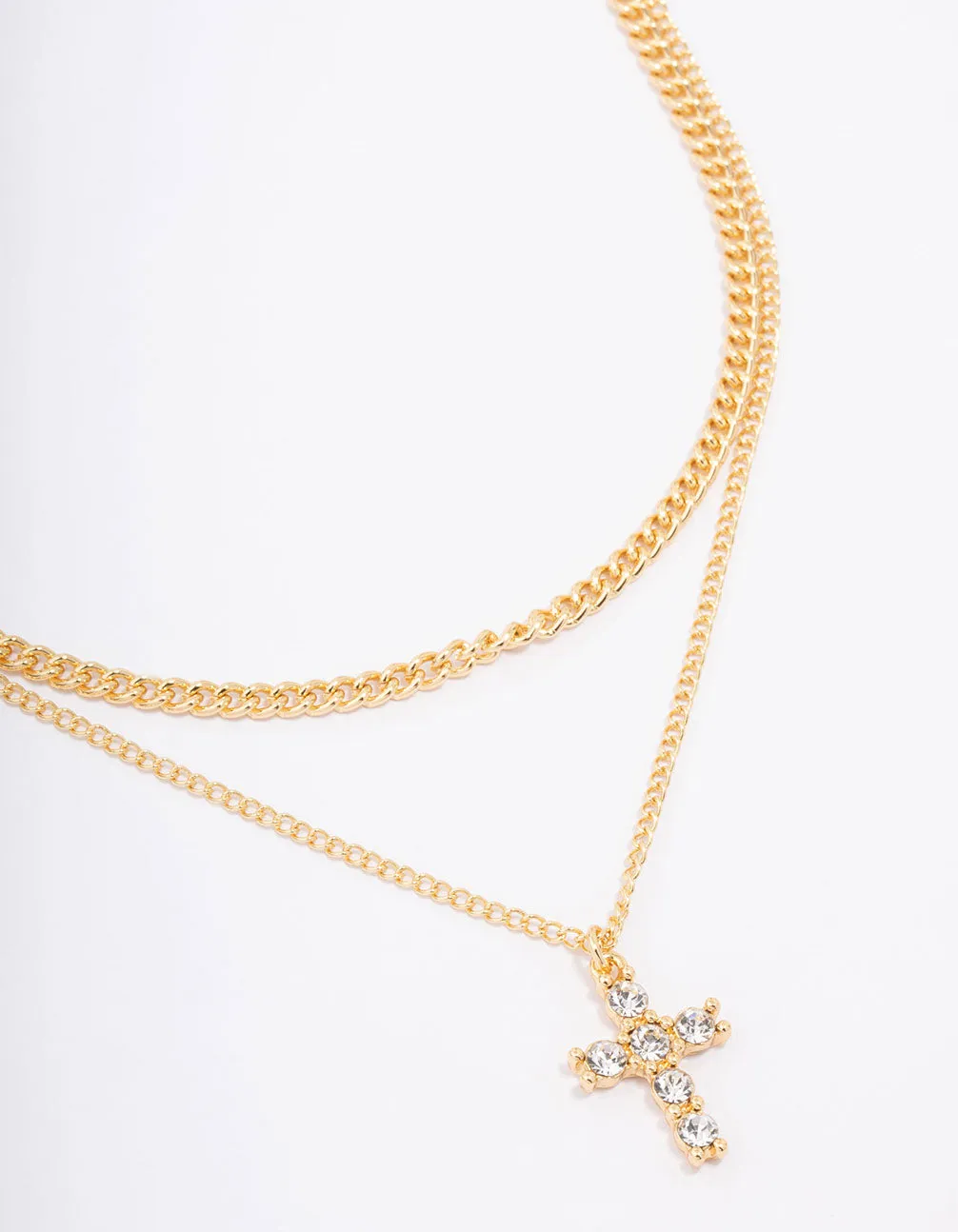 Gold Plated Diamante Cross Layered Curb Necklace