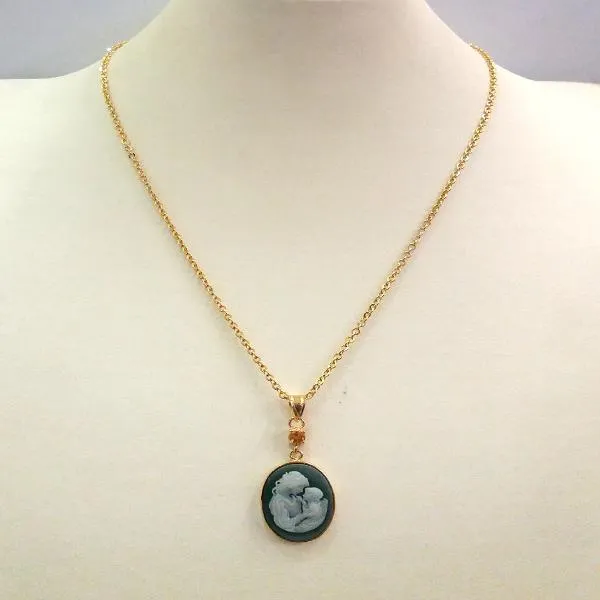 Green Agate and White Agate Mother and Child with Citrine Cameo Necklace