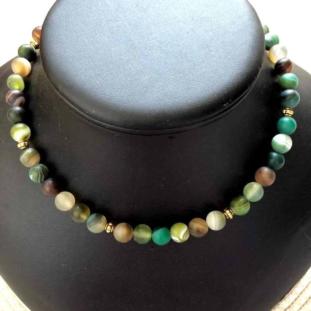 Green Matte Agate Mens Beaded Necklace