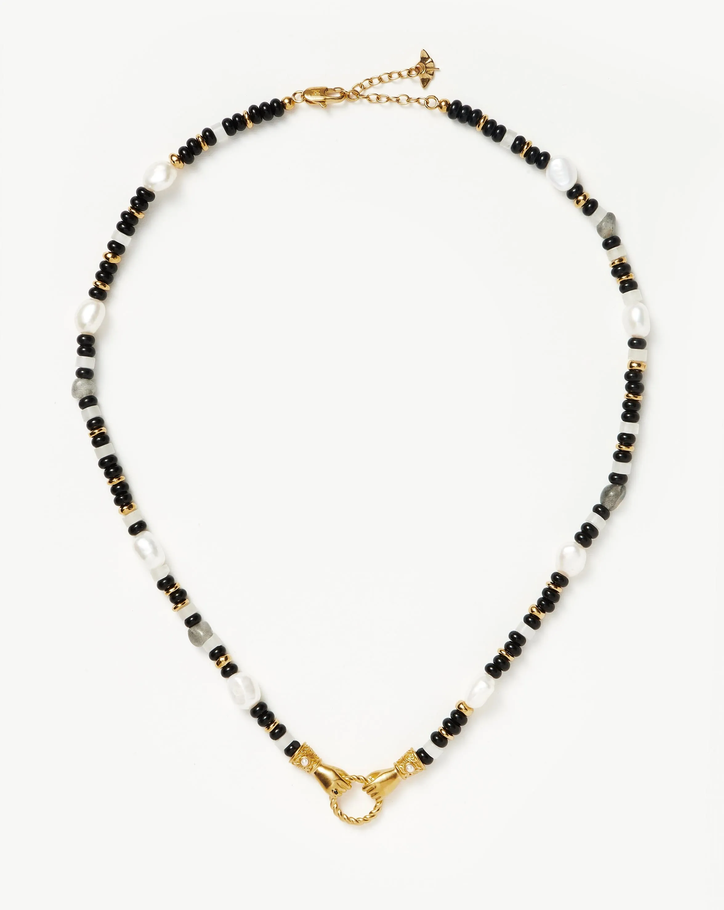 Harris Reed In Good Hands Beaded Gemstone Necklace | 18ct Gold Plated/Black Chalcedony & Pearl