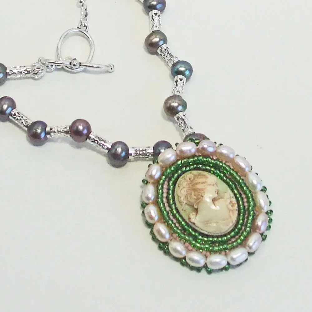 Hava, Cultured Pearl Cameo Bezel Pendant, Pearl Beaded Necklace