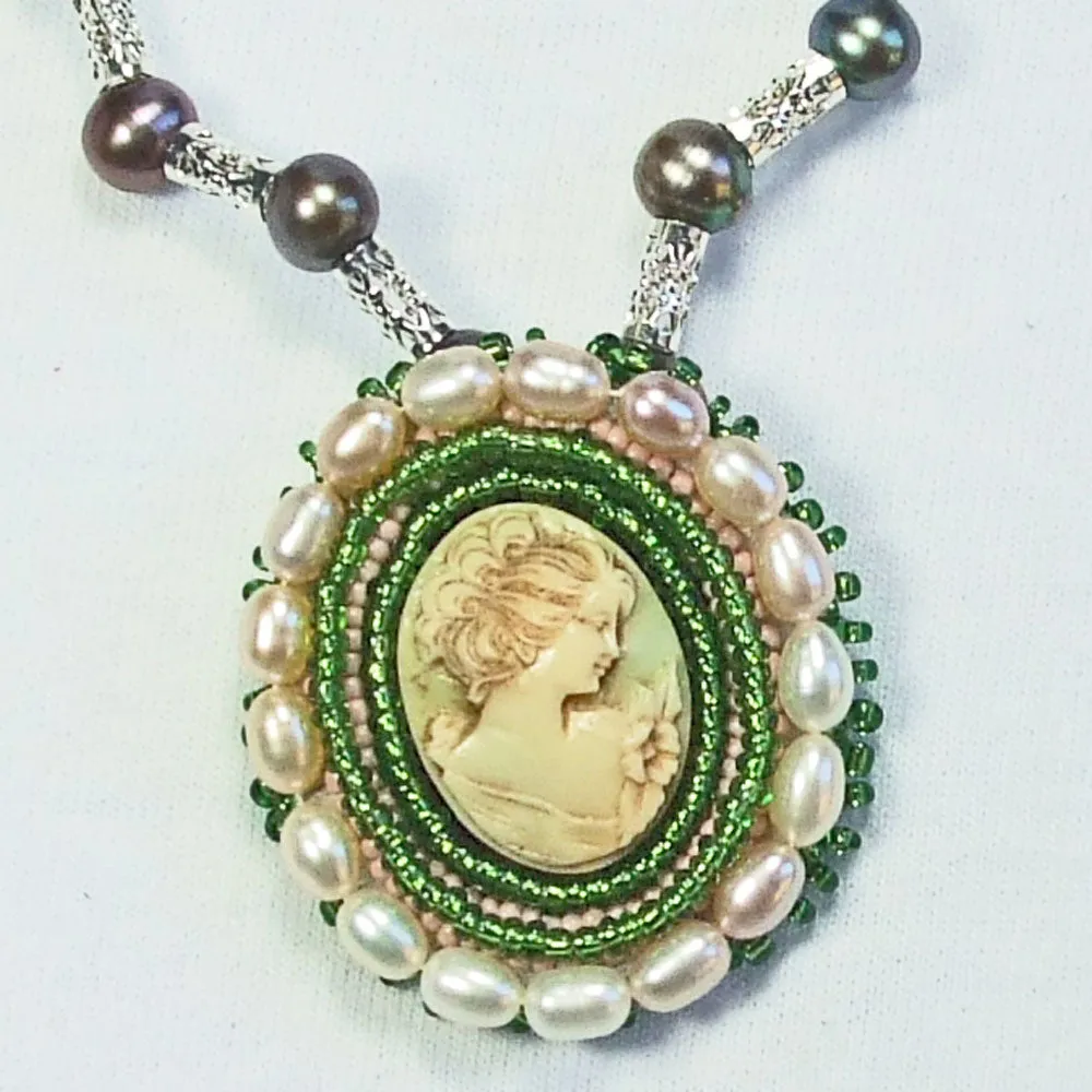 Hava, Cultured Pearl Cameo Bezel Pendant, Pearl Beaded Necklace