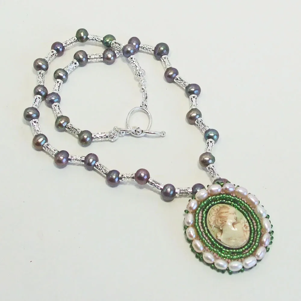 Hava, Cultured Pearl Cameo Bezel Pendant, Pearl Beaded Necklace