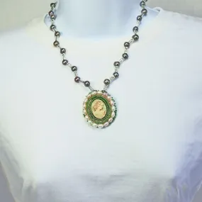 Hava, Cultured Pearl Cameo Bezel Pendant, Pearl Beaded Necklace