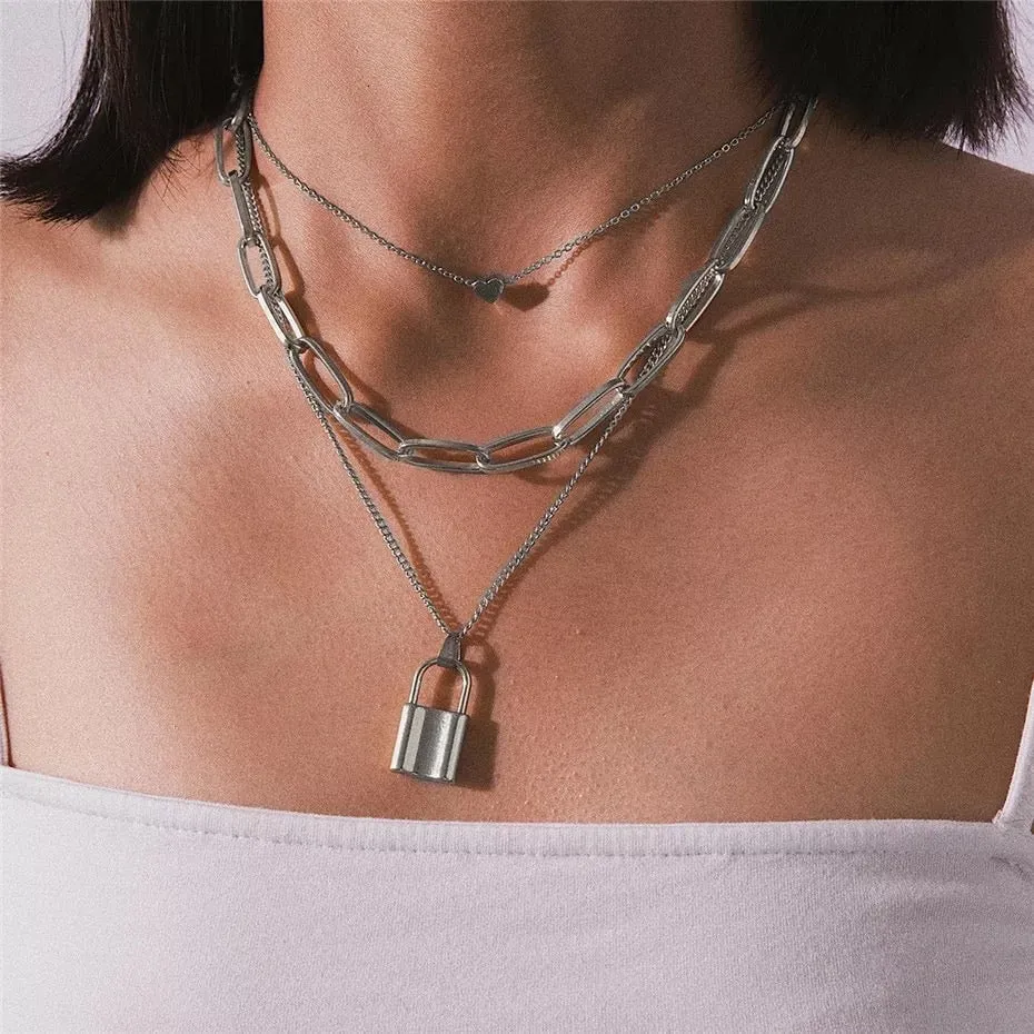 Heart & Lock Layered Chain Necklace