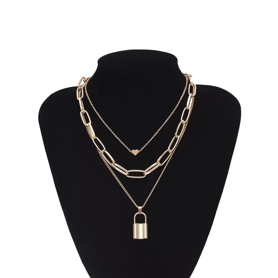 Heart & Lock Layered Chain Necklace