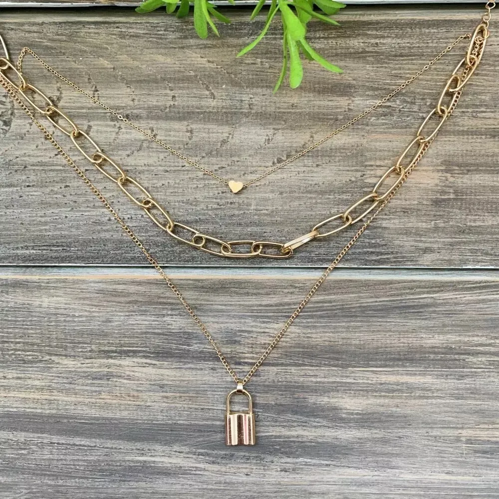 Heart & Lock Layered Chain Necklace