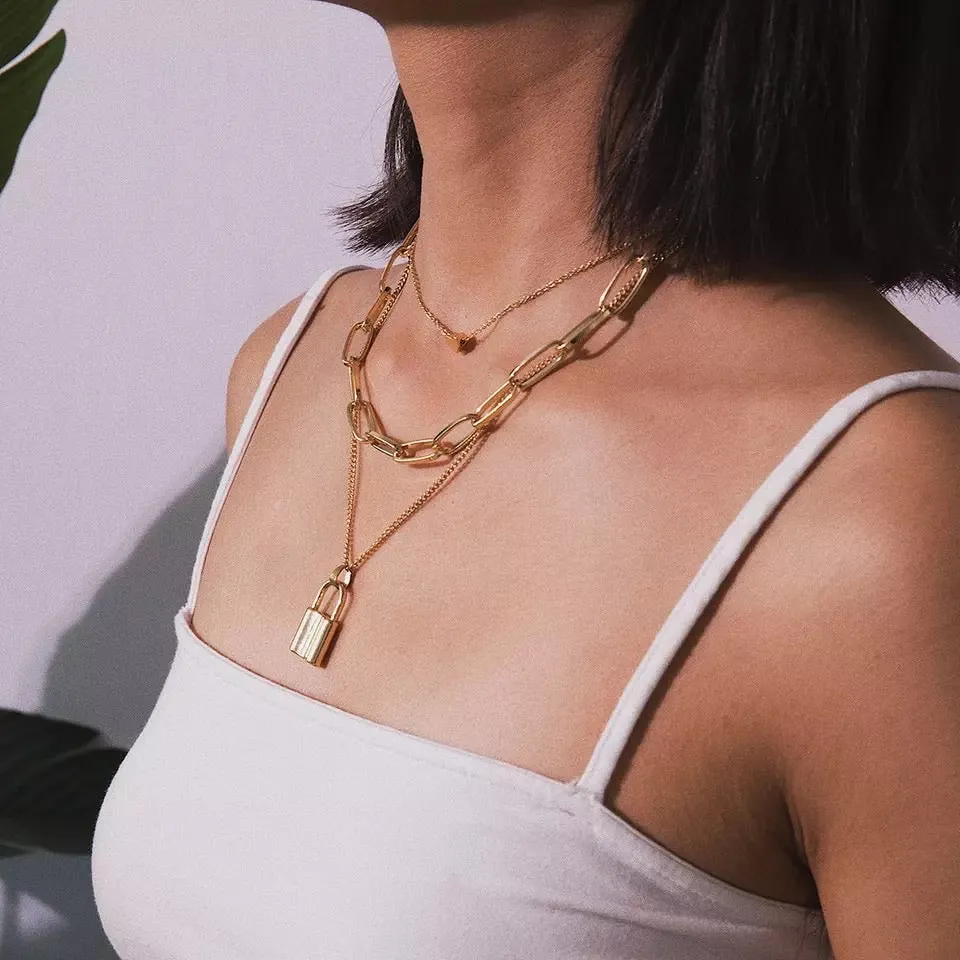 Heart & Lock Layered Chain Necklace