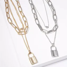 Heart & Lock Layered Chain Necklace