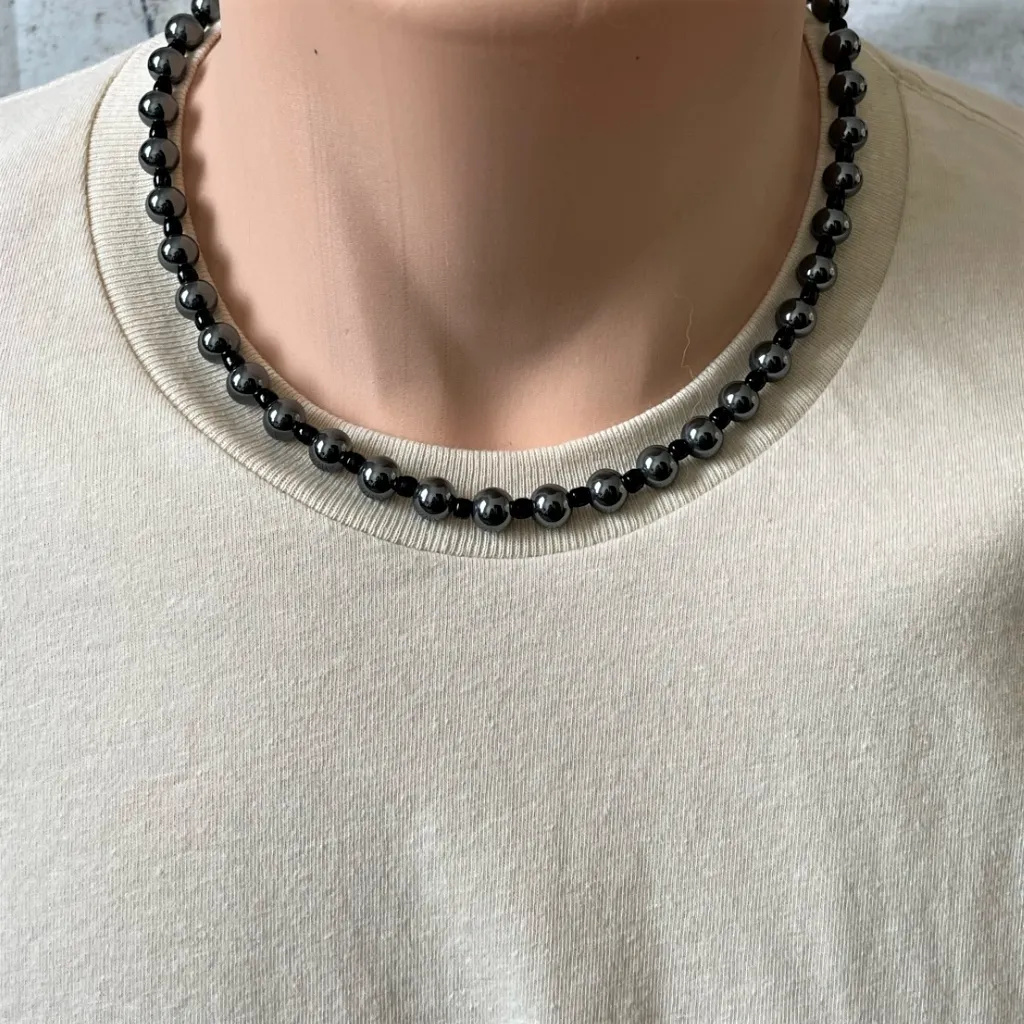 Hematite and Black Toho Mens Beaded Necklace