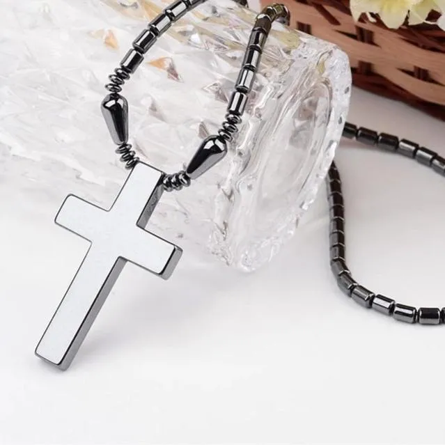 Hematite Drum Bead Necklace with Simple Cross Pendant Necklace