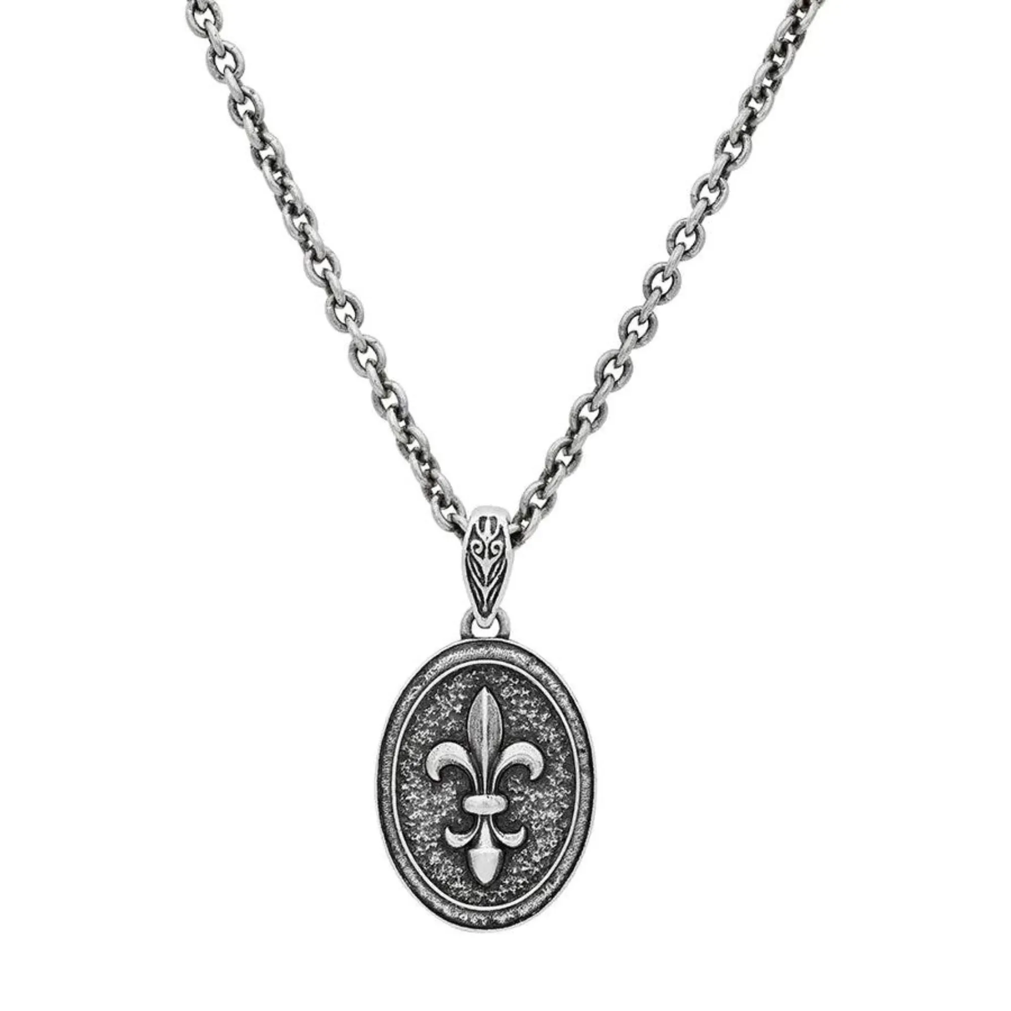 JOHN VARVATOS MEN'S STERLING SILVER FLEUR DE LIS OVAL SLIDE PENDANT NECKLACE