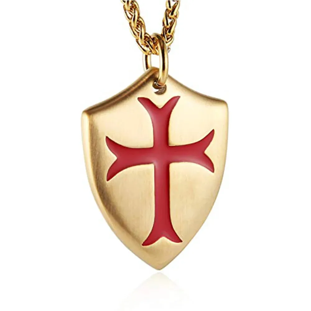 Knights Templar Cross Joshua 1:9 Shield Stainless Steel Pendant Necklace with FREE Key Chain