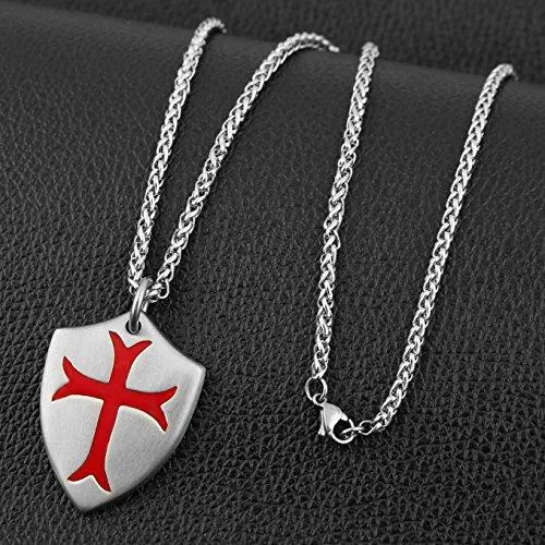 Knights Templar Cross Joshua 1:9 Shield Stainless Steel Pendant Necklace with FREE Key Chain