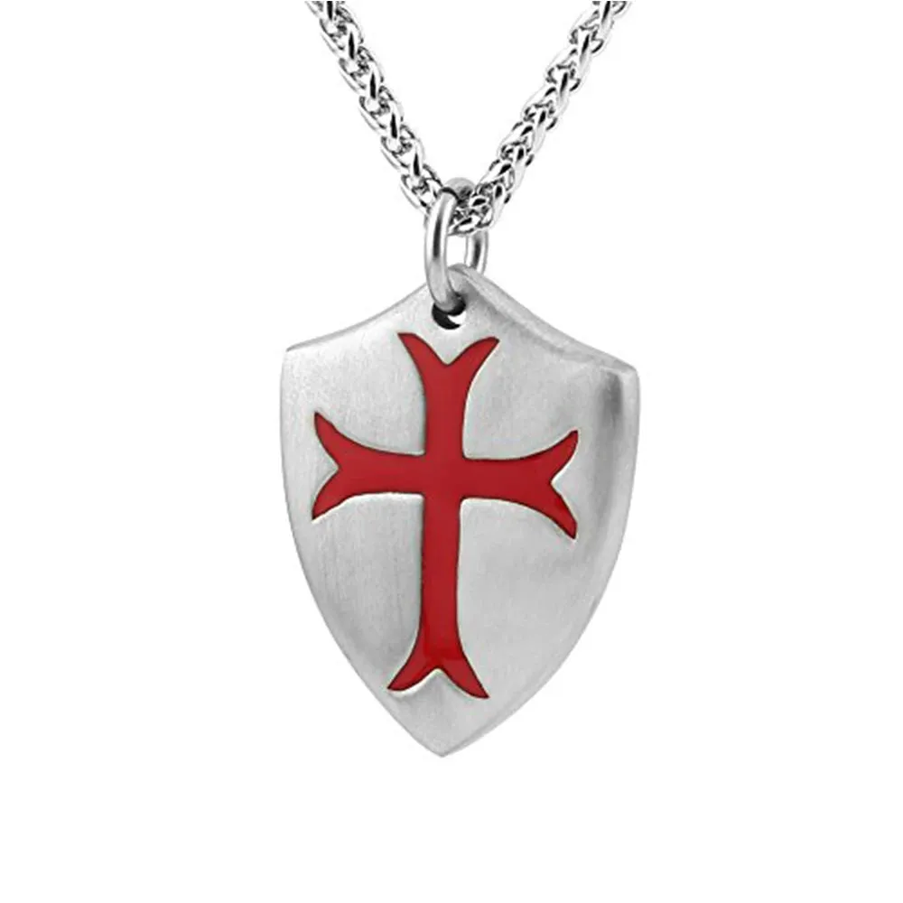 Knights Templar Cross Joshua 1:9 Shield Stainless Steel Pendant Necklace with FREE Key Chain