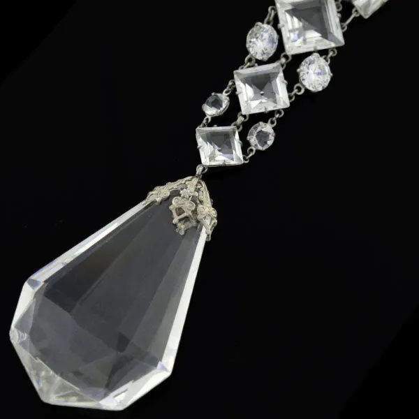 Late Art Deco Sterling Silver Faceted Crystal Necklace 32"