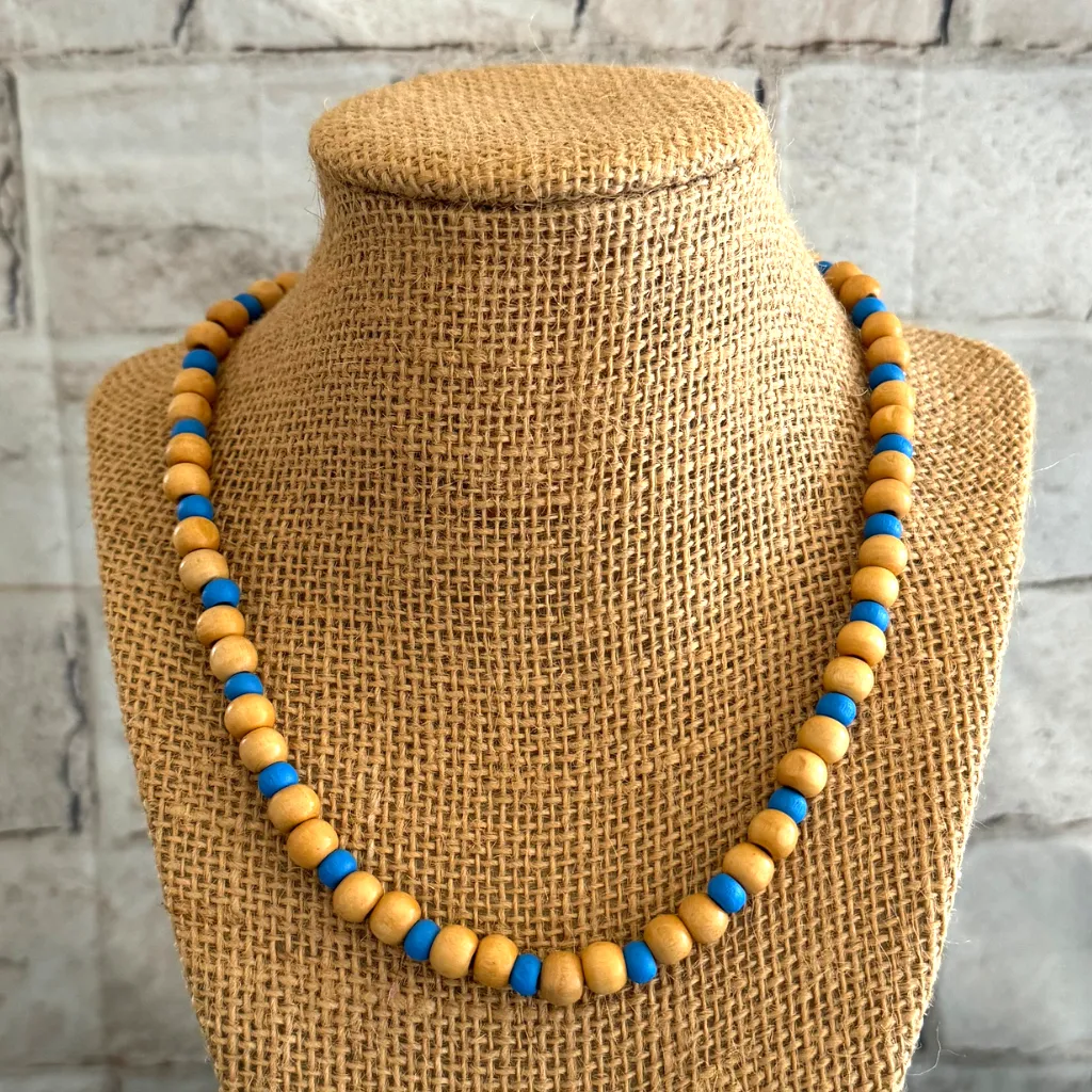 Light Brown and Turquoise Blue Wood Mens Beaded Necklace