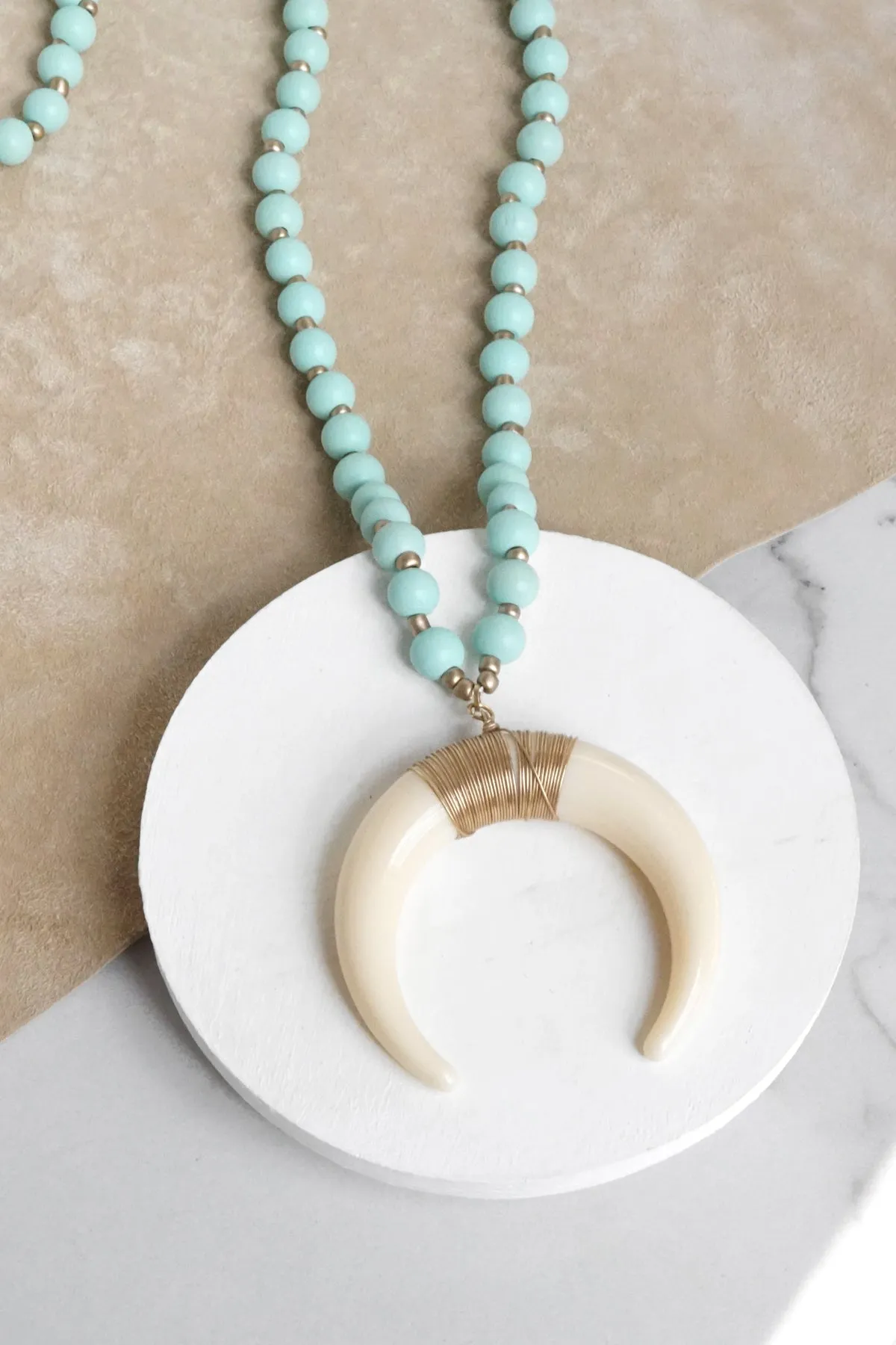 Long Wooden Bead Necklace with acrylic antler - turquoise