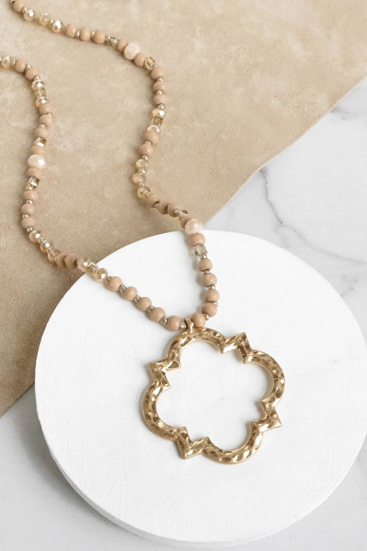 Long Wooden Bead Necklace with Clover Quatrefoil gold pendant - nude