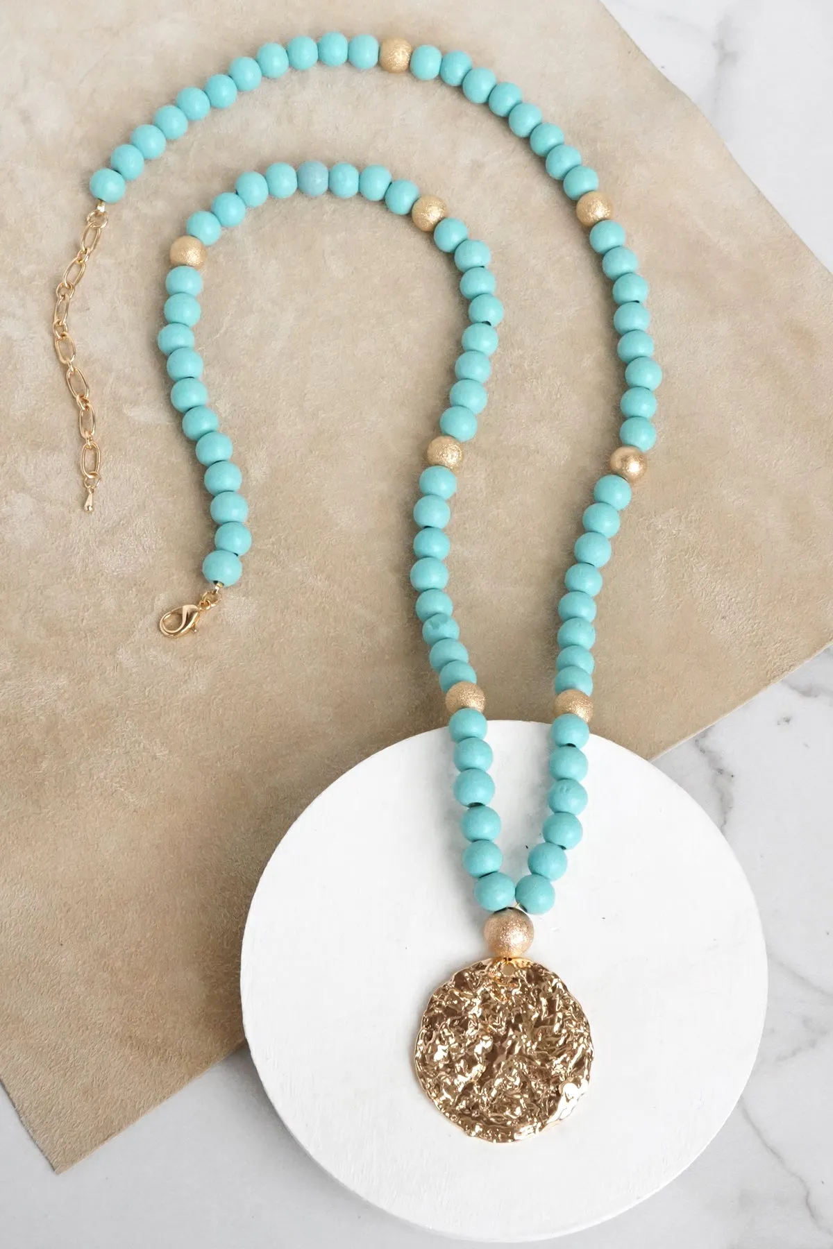 Long Wooden Bead Necklace with gold coin - turquoise