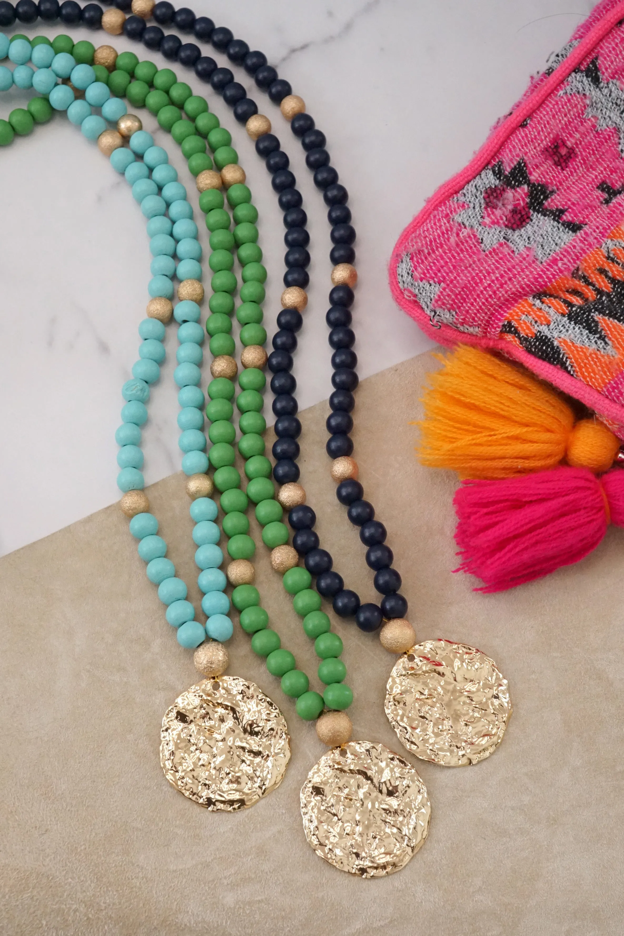 Long Wooden Bead Necklace with gold coin - turquoise