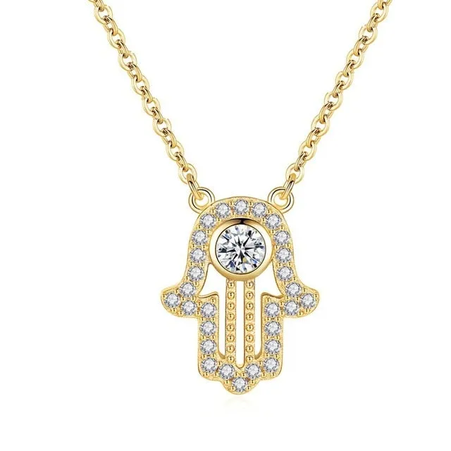 Lucky Hamsa Hand 925 Sterling Silver Long Pendant Necklace