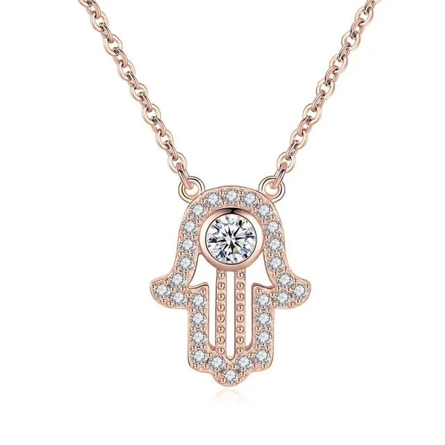 Lucky Hamsa Hand 925 Sterling Silver Long Pendant Necklace