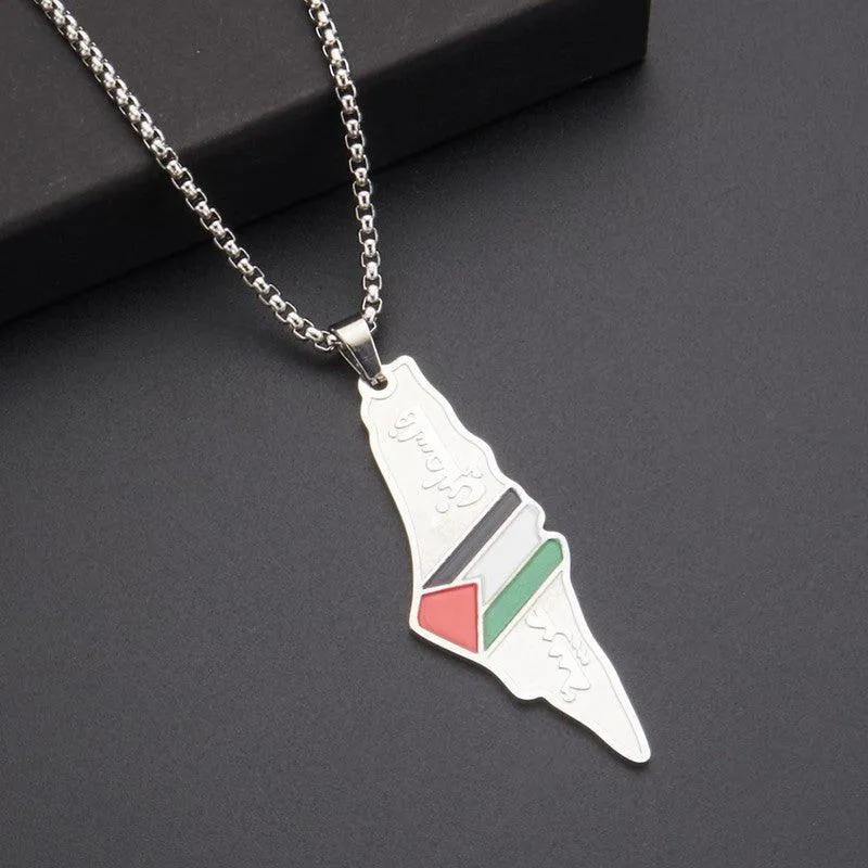 MAC101 Glue Etched Keffiyeh Stainless Steel Palestinian Flag Map Pendant Necklace