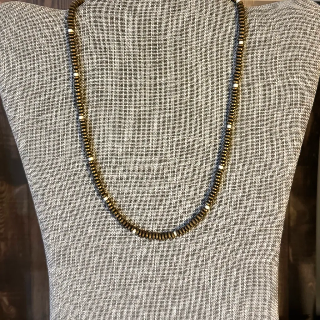 Matte Bronze Hematite and Beige Beaded Mens Necklace