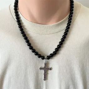 Mens Black Onyx and Large Silver Cross Beaded Necklace