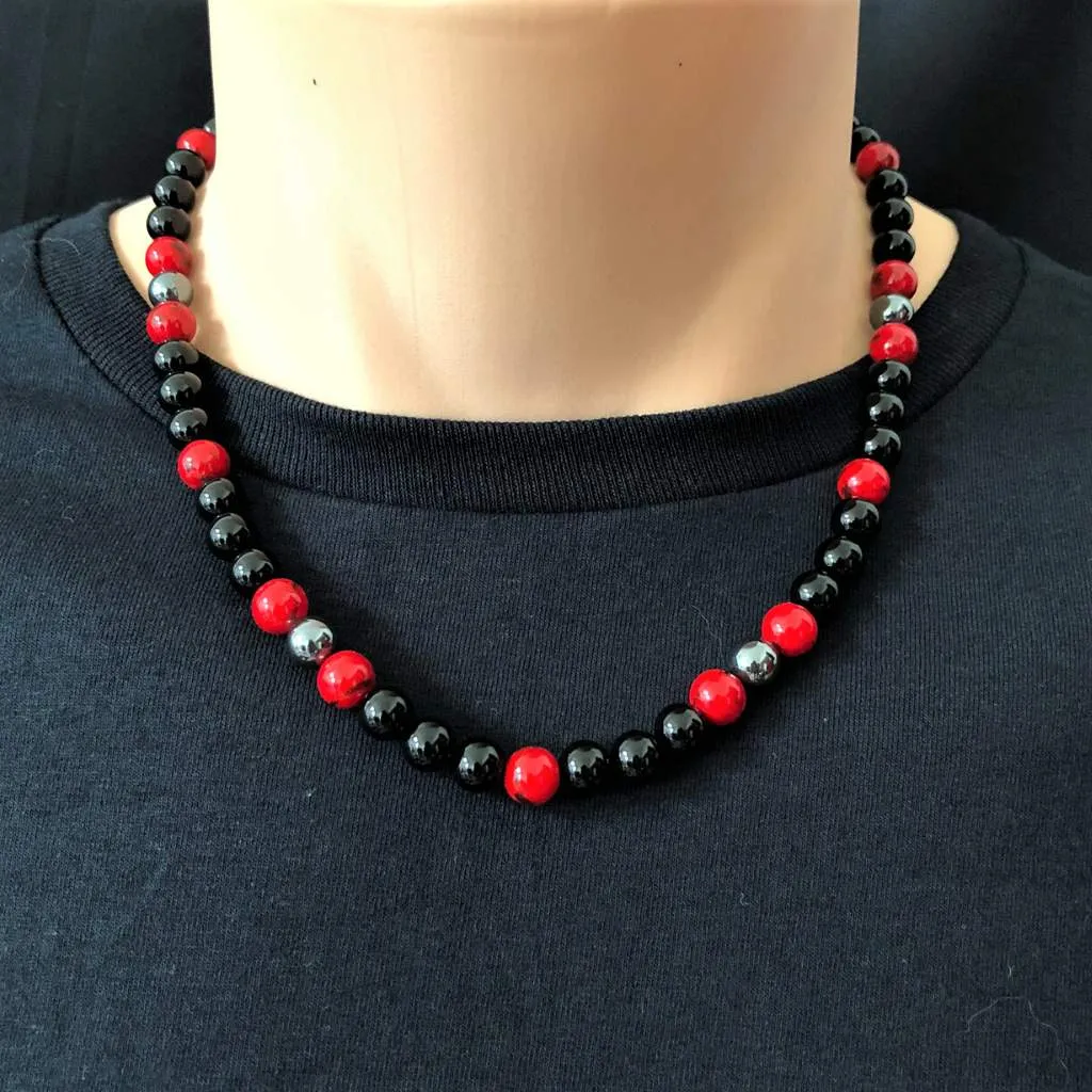 Mens Black Onyx and Red Mosaic Beaded Necklace