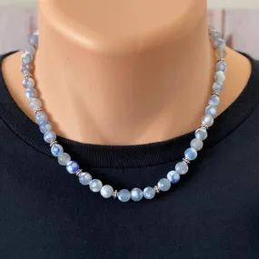 Mens Blue and White Matte Agate and Silver Beaded Necklace