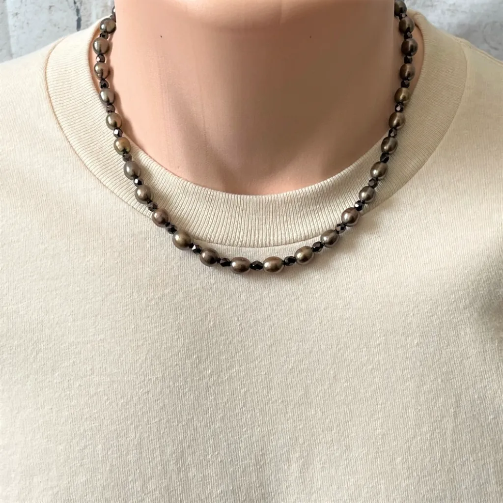 Mens Bronze Rice Cultured Pearl Beaded Necklace