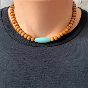 Mens Brown Wood and Turquoise Magnesite Beaded Necklace