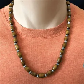 Mens Brown Wood Barrel and Silver Beaded Necklace