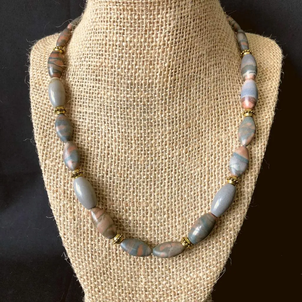 Mens Grey and Brown Stone Beaded Necklace