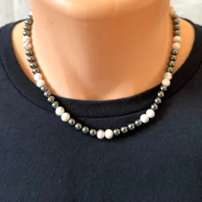 Optimized title: Stylish Mens Hematite and Howlite Beaded Necklace with Magnetic Clasp