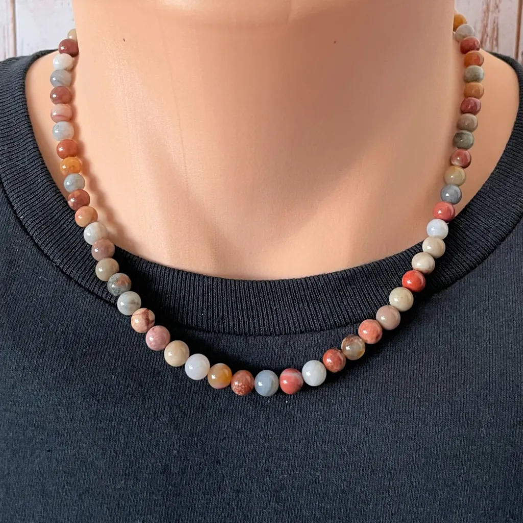 Mens Petrified Wood Agate 8mm Beaded Necklace