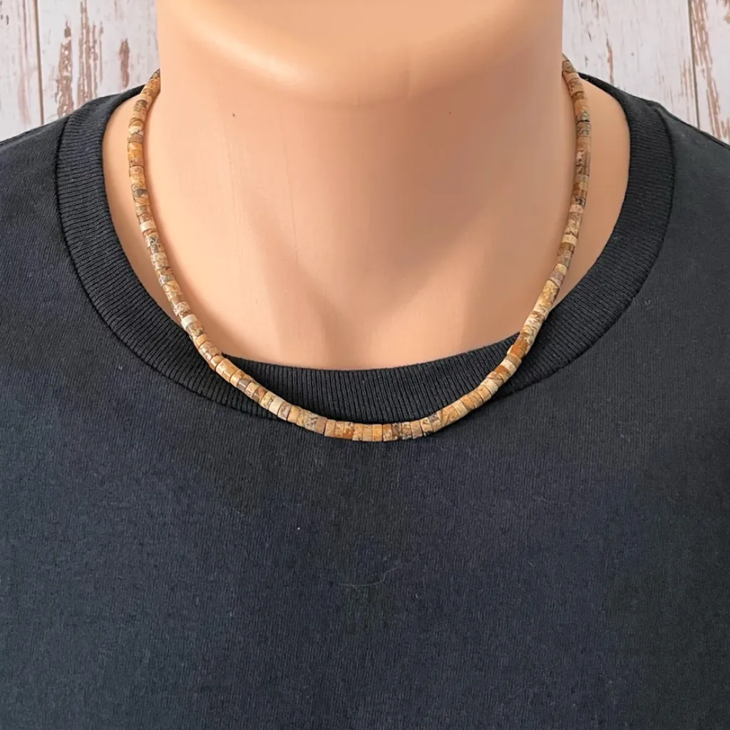 Mens Picture Jasper Rondelle Beaded Necklace