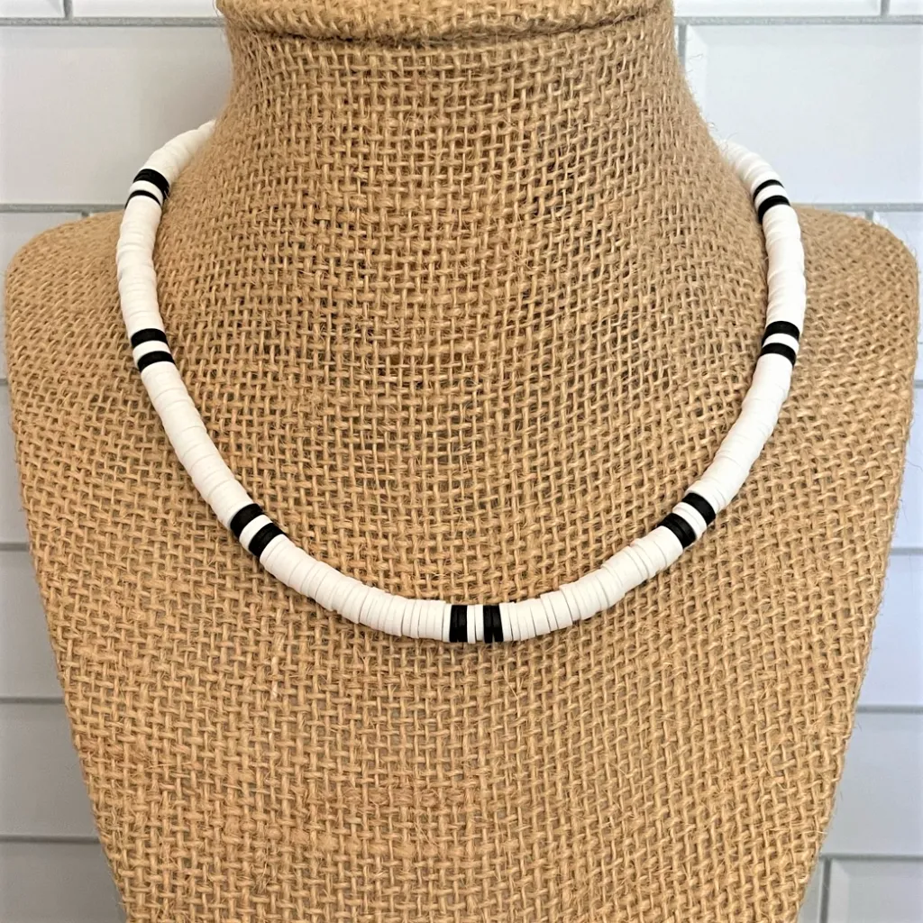 Mens White and Black Polymer Beaded Necklace