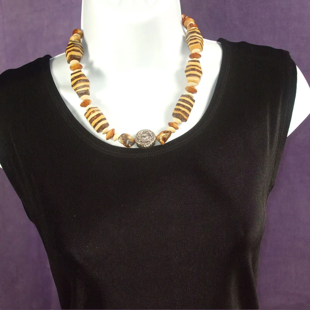 Naroa, Striped Hexagonal Wooden Beads Single Strand Necklace