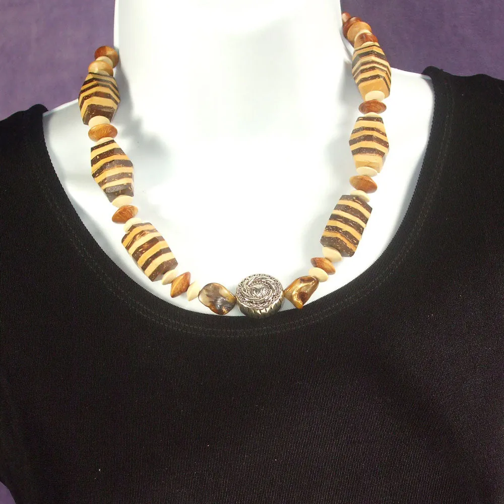 Naroa, Striped Hexagonal Wooden Beads Single Strand Necklace